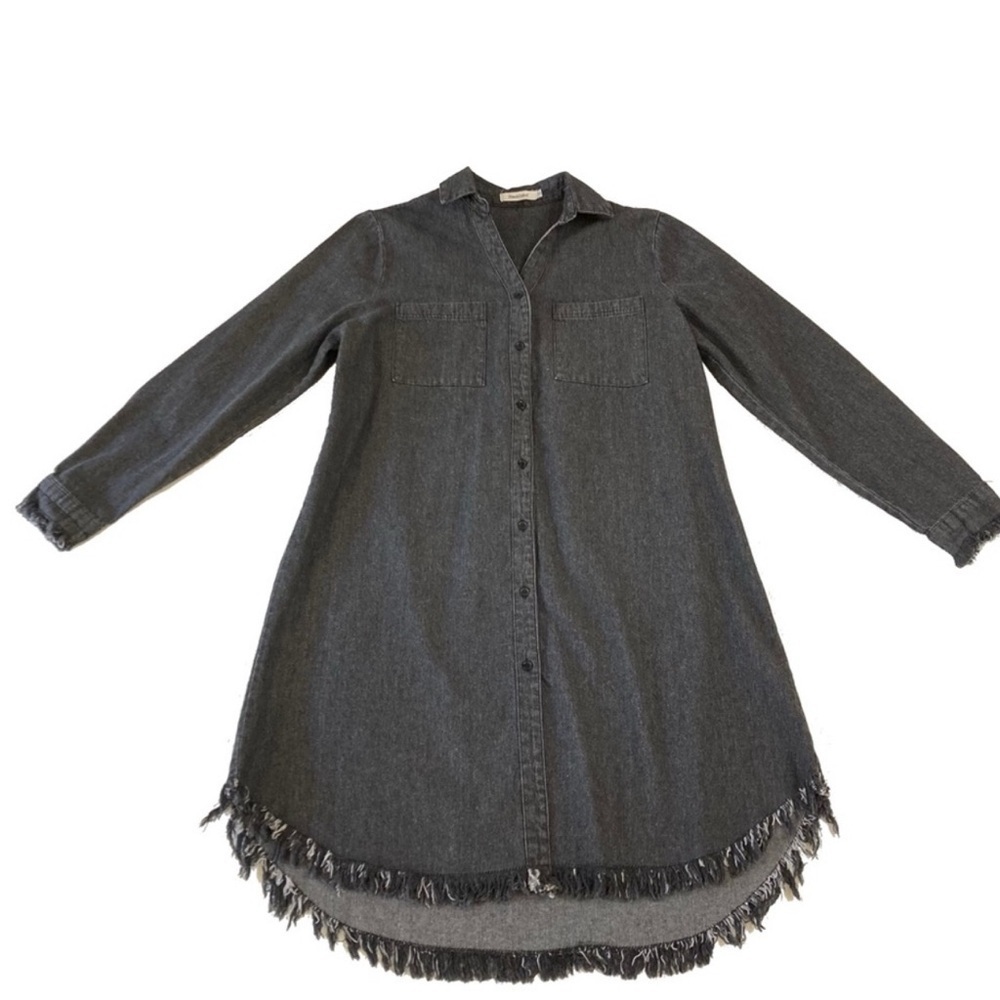 NWT Francis Cabrel Gray Denim Long Sleeve Frayed Hem Button Front Dress Size Sm - Picture 4 of 13